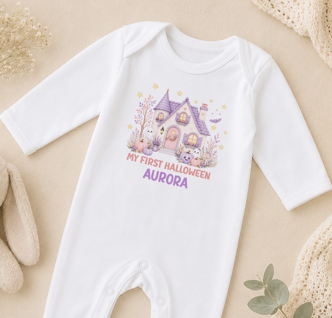 A white onesie with a Halloween-themed graphic and text, laid out on a beige surface.