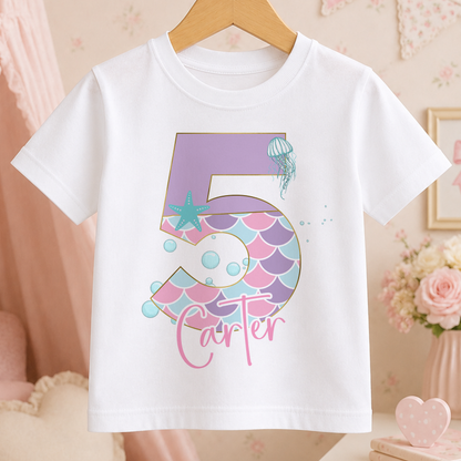 Personalised white mermaid birthday t-shirt printed with the number 5