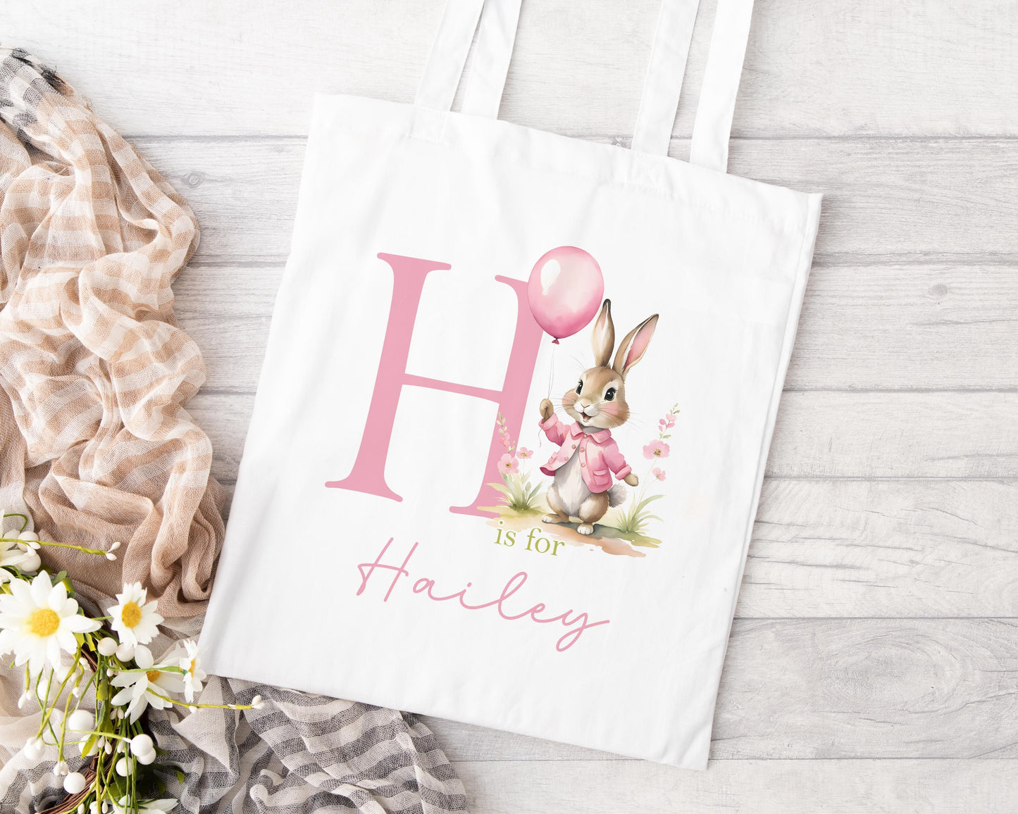 Personalised Easter Tote Bag – Pink Bunny Custom Name Cotton Tote