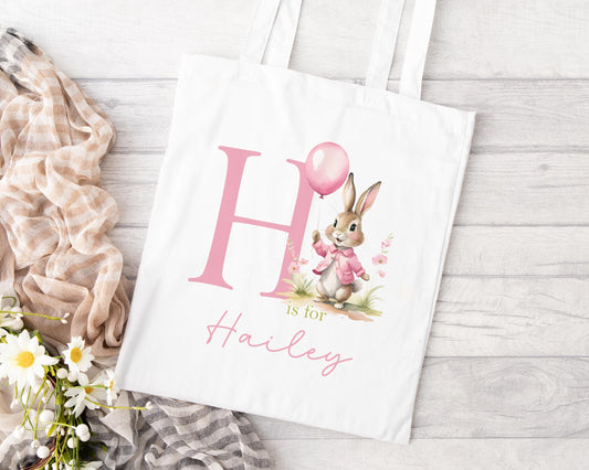 Personalised pink bunny Easter tote bag with custom printed name