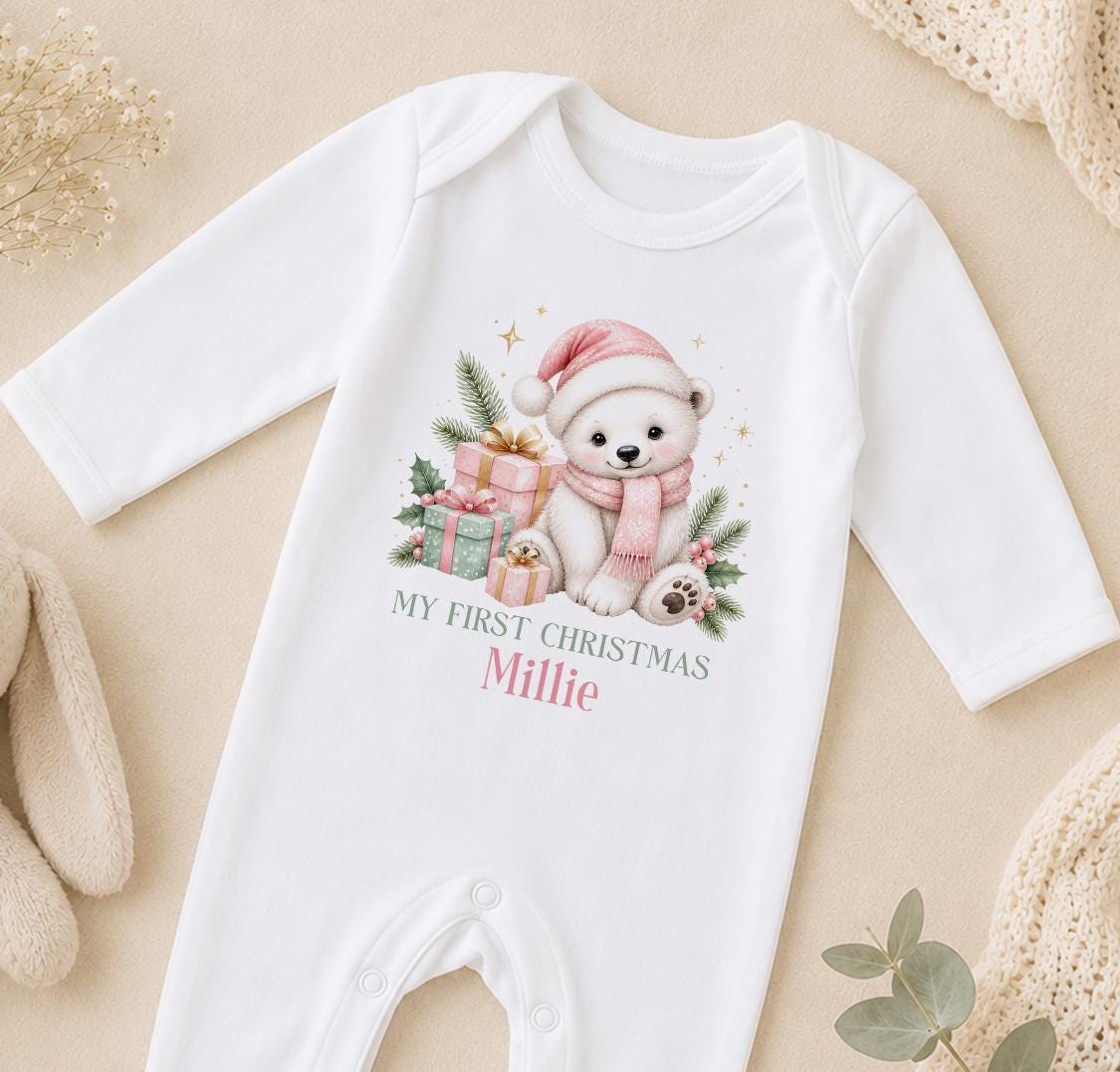 Personalised Baby Christmas Outfit | Pink Polar Bear, 2026 Gift