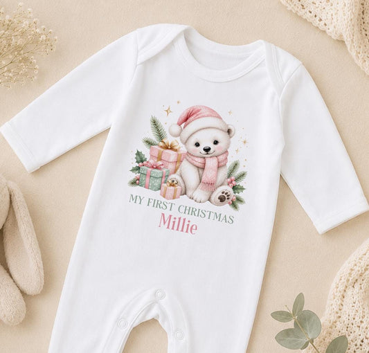 Personalised Baby Christmas Outfit | Pink Polar Bear, 2026 Gift