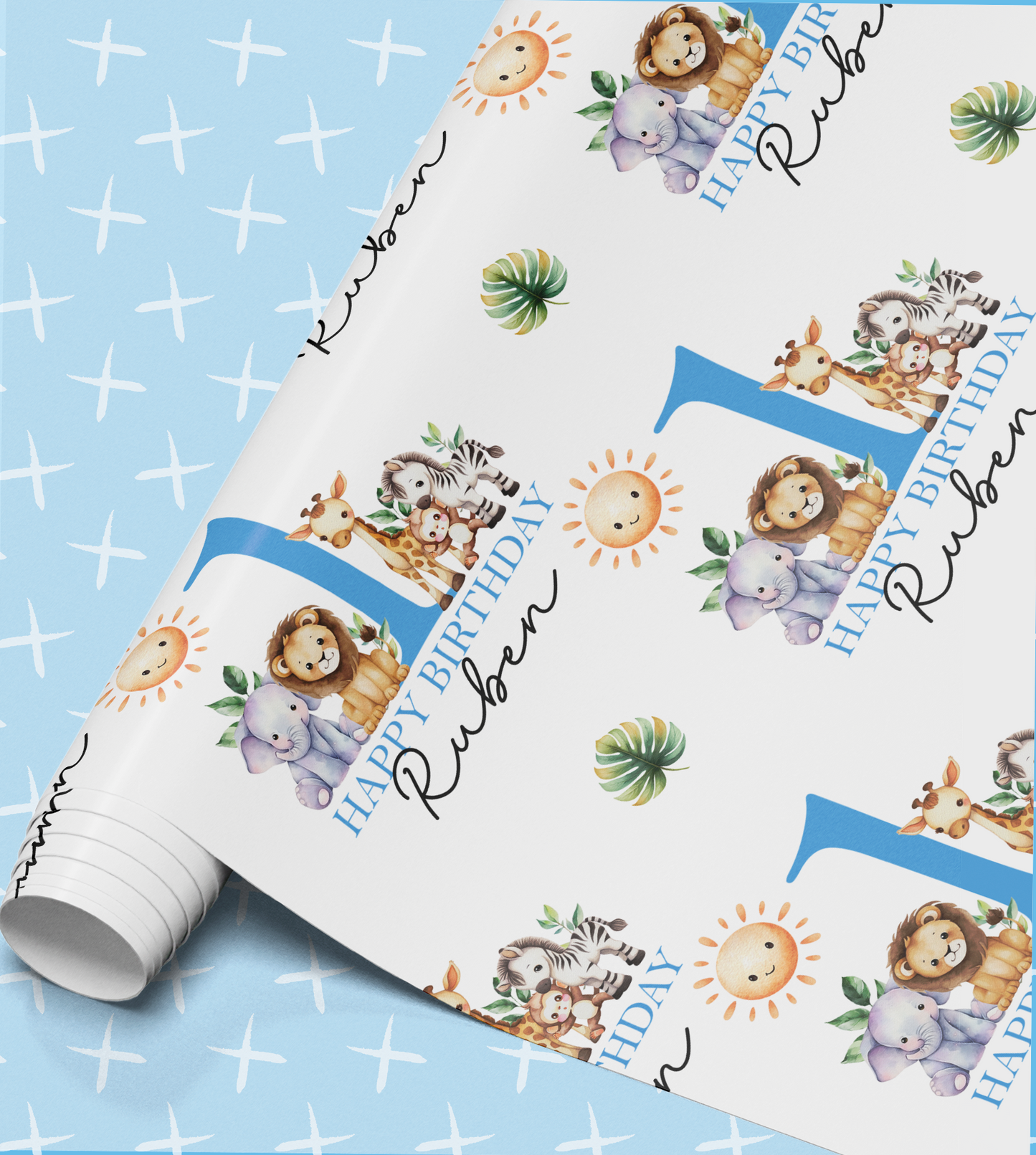 The image is a birthday wrapping paper with a repeating pattern of cartoon animal illustrations, including elephants, lions, and zebras, along with the text "Happy Birthday Ruben".