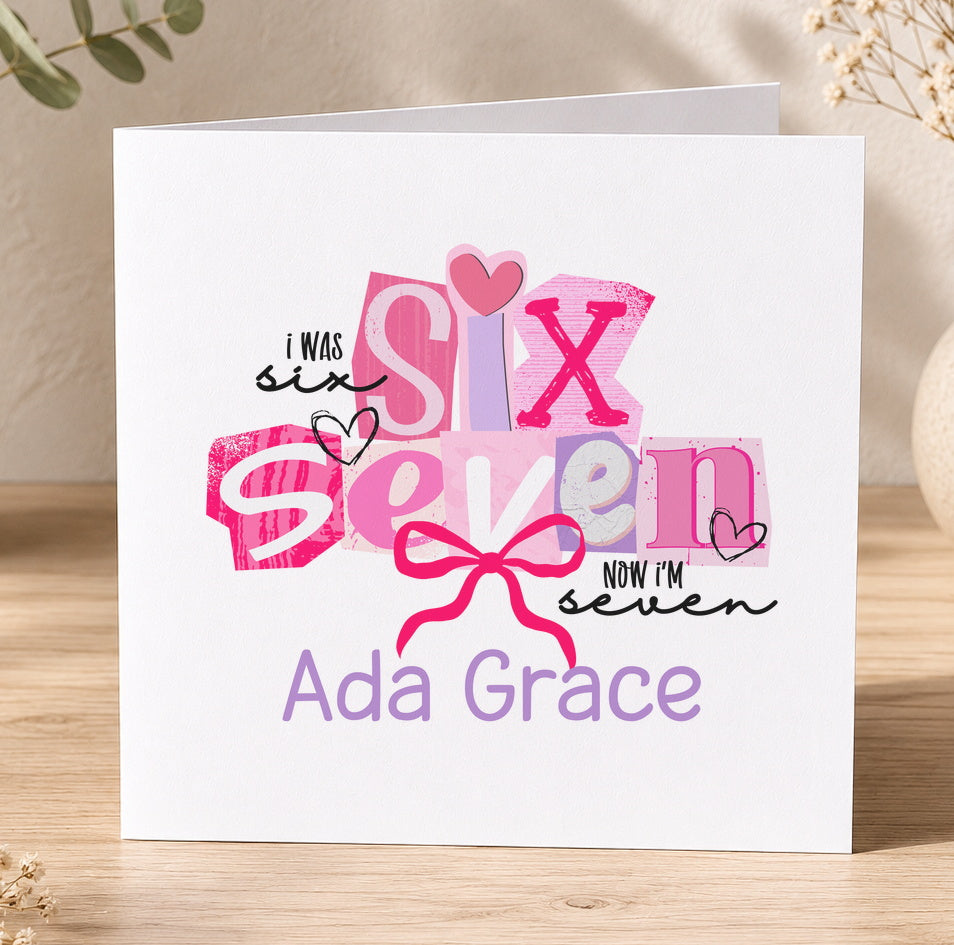 Personalised kids birthday card printed with a child's name and age in a bright, colourful milestone birthday design