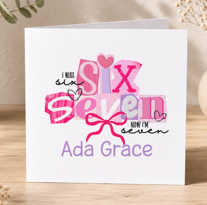 Personalised kids birthday card printed with a child's name and age in a bright, colourful milestone birthday design
