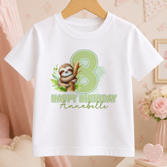 White kids t-shirt with a cute sloth on a tree design and a personalised birthday message