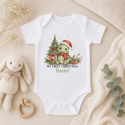 Personalised First Christmas Outfit, Dinosaur Baby Vest, Sleepsuit