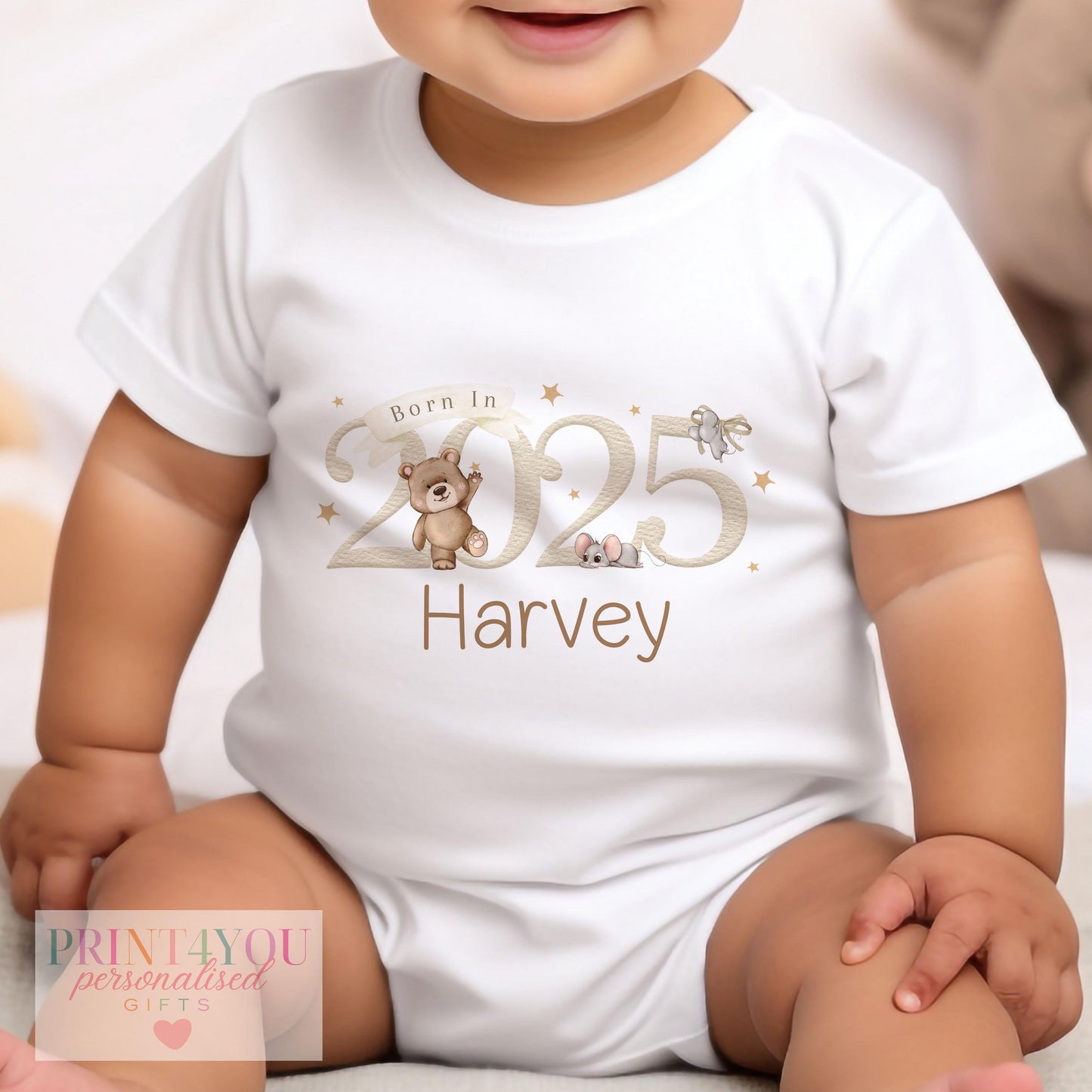 Personalised 'Born In 2025' Teddy Bear design baby vest for newborns.