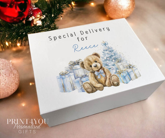 Personalised Christmas Eve box, white magnetic gift box printed with a blue teddy bear and presents design and Special Delivery for a name