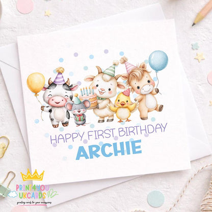 Square personalised first birthday card with a farm animal design shown on white card stock.