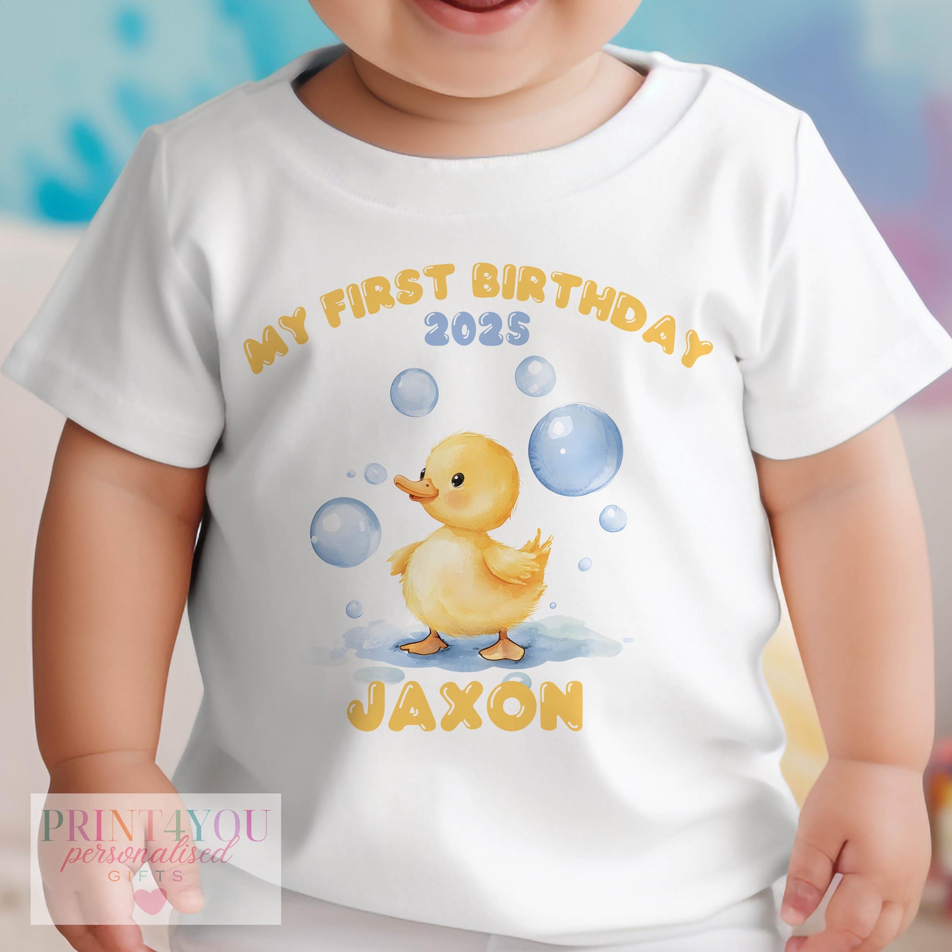 Personalised bubble duck 'My First Birthday 2025' vest with custom name print