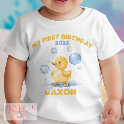 Personalised bubble duck 'My First Birthday 2025' vest with custom name print