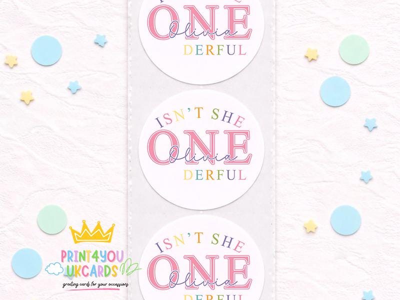 Sheet of pink glossy 1st birthday stickers personalised with a child's name