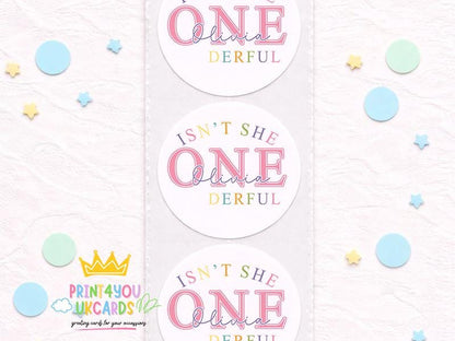 Sheet of pink glossy 1st birthday stickers personalised with a child's name