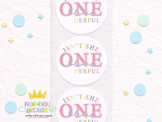 Sheet of pink glossy 1st birthday stickers personalised with a child's name