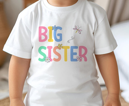 Children's White Cotton T – Shirt – "Big Sister" or "Little Sister" DTG Printed – Unique Design - 6-12m