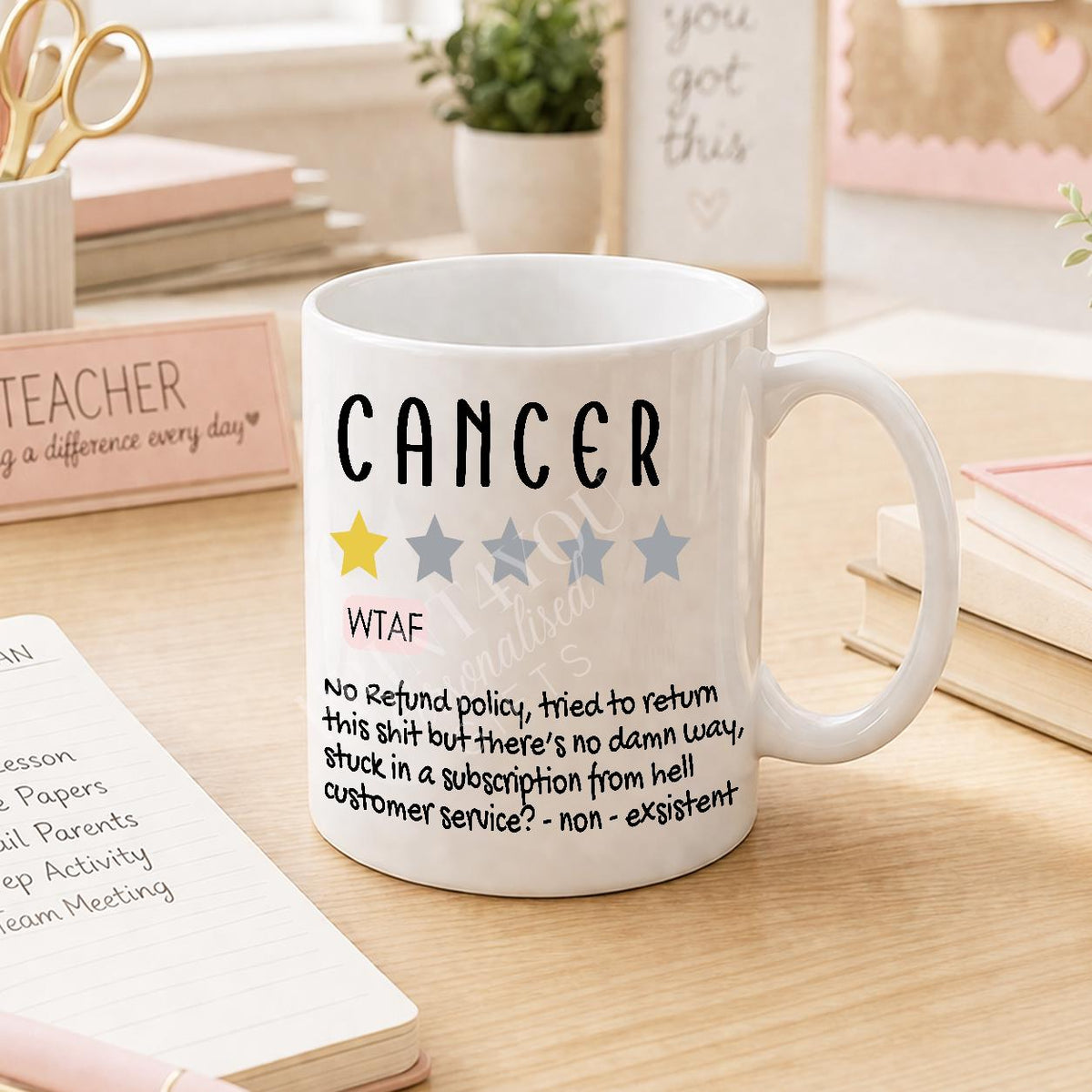 Close-up of the dark humour cancer survivor design printed on the mug