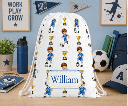 White drawstring PE bag printed with a football player, footballs and trophies in blue tones, personalised with the name William.