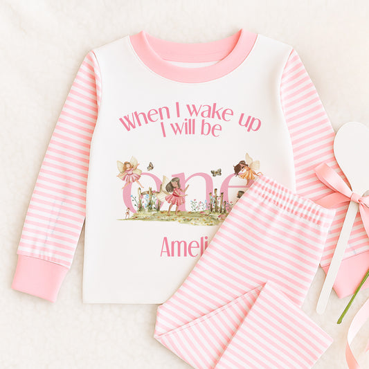 Personalised Pink Striped Children's Pyjamas "When I Wake Up I Will Be one" with Fairies