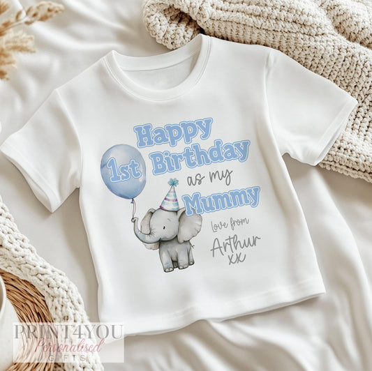 Personalised Cute Elephant bib printed with 'Happy 1st Birthday' and your baby's name and chosen relation.