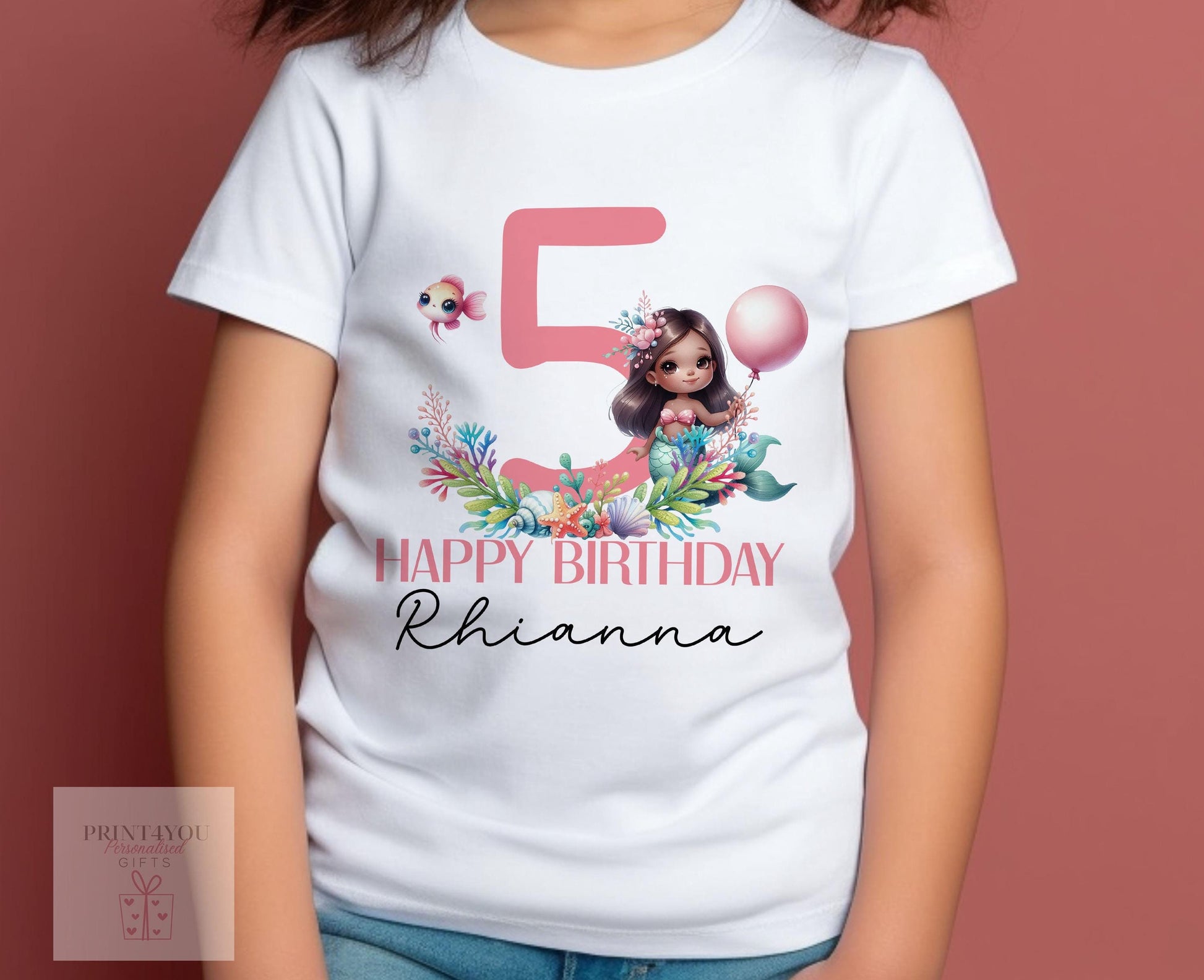 Personalised Mermaid Birthday T – Shirt ANY AGE – Cotton White Top, Any Age, Brown Skin Mermaid with a large printed number - 6-12 months