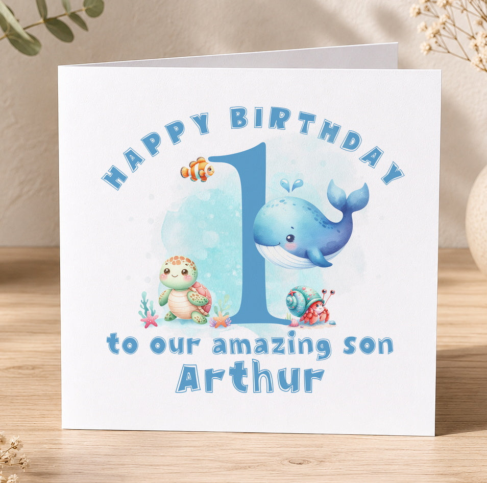 Personalised under the sea 1st birthday card with whale and turtle illustration