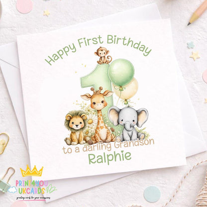 Square personalised first birthday greeting card, blank sample showing the safari animal number one design.