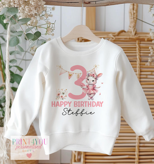 Personalised Ballerina Buny Birthday Jumper, Birthday Sweatshirt for Children, I am One Two Three, Any age - 6-12m