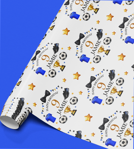 Full repeat pattern of the personalised football wrapping paper design