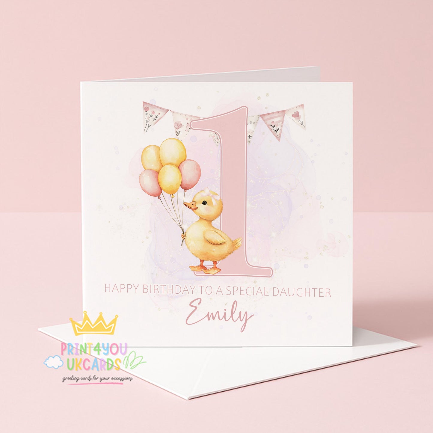 Pink duck 1st birthday card personalised with a baby girl's name