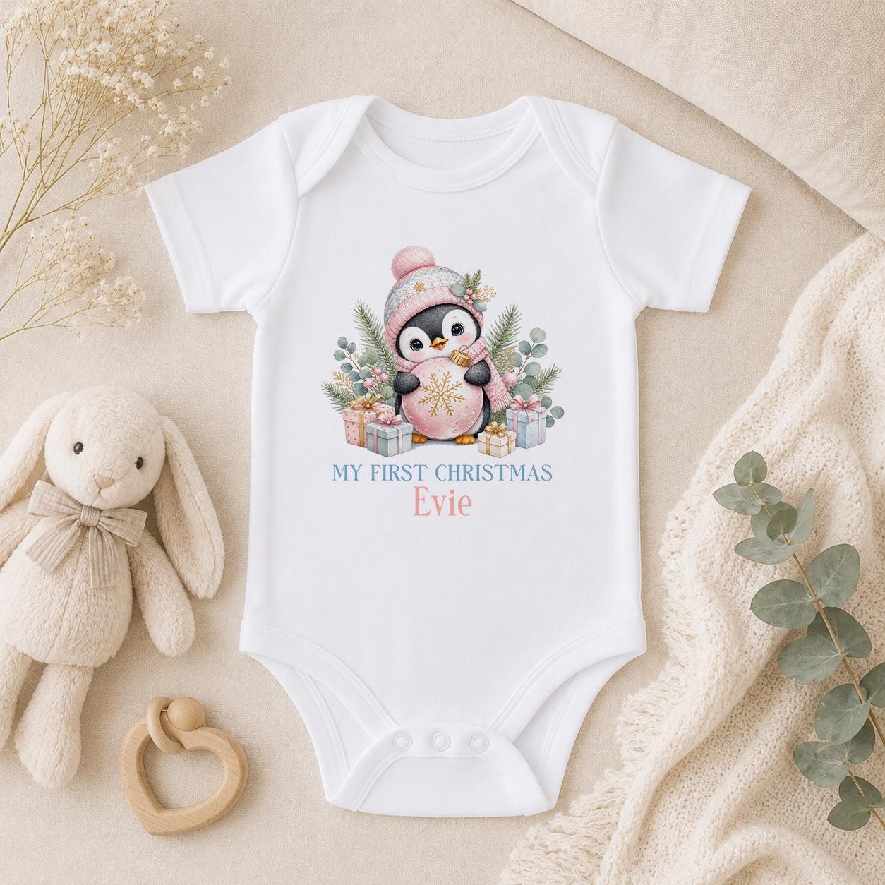 Personalised Baby Christmas Outfit, Pink Penguin First Xmas Set