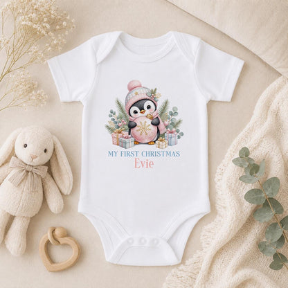Personalised Baby Christmas Outfit, Pink Penguin First Xmas Set