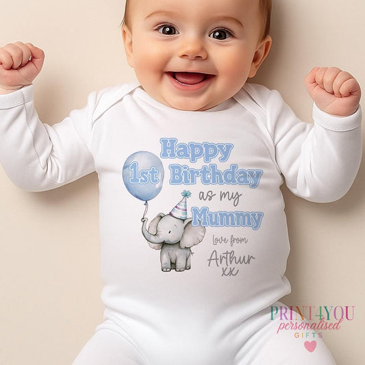 Personalised 1st birthday bib with a cute elephant and blue balloon design, customised with a name and relation.