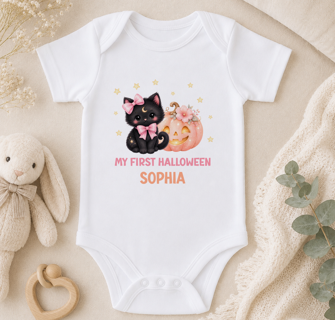 A white baby onesie with a black cat and a pumpkin graphic, along with the text "My first Halloween Sophia" printed on it. The onesie is placed on a beige surface, surrounded by a stuffed rabbit, a wooden bead rattle, and some greenery.