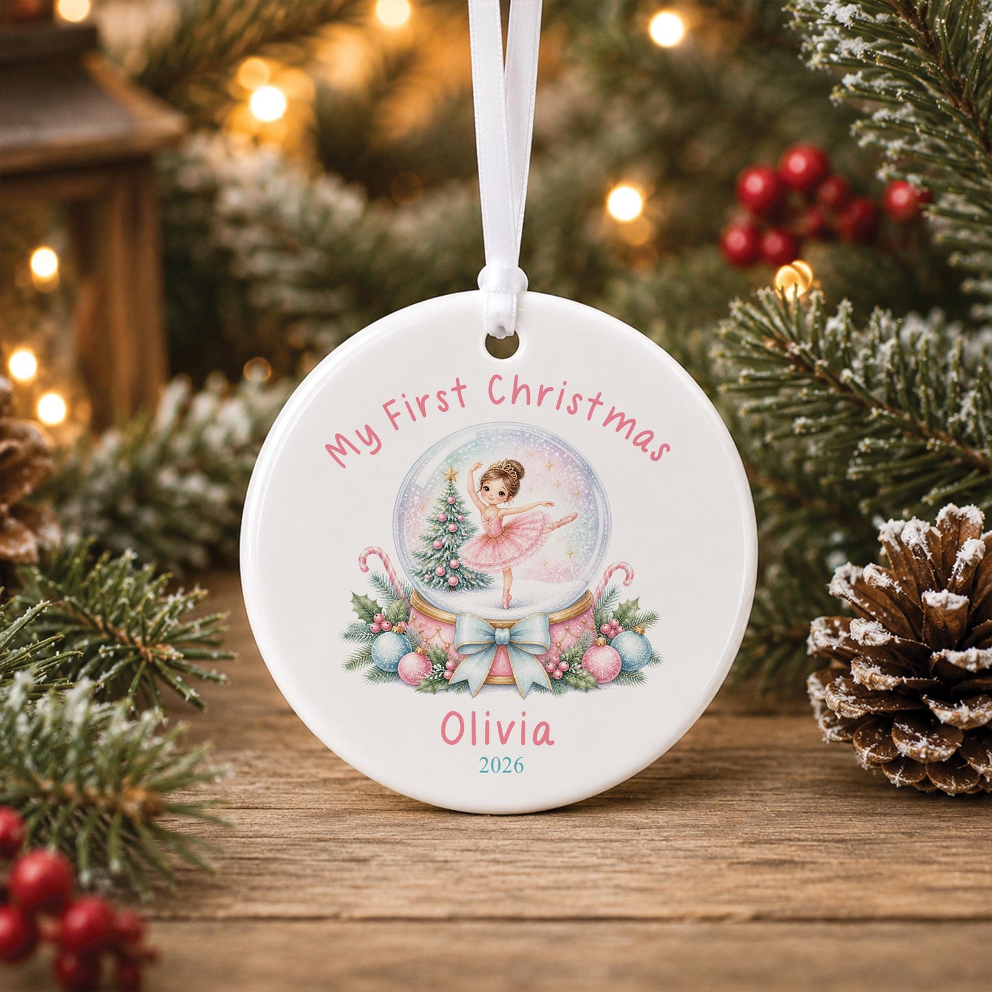 Personalised First Christmas Bauble - Ballerina Snow Globe, Custom Name & Year