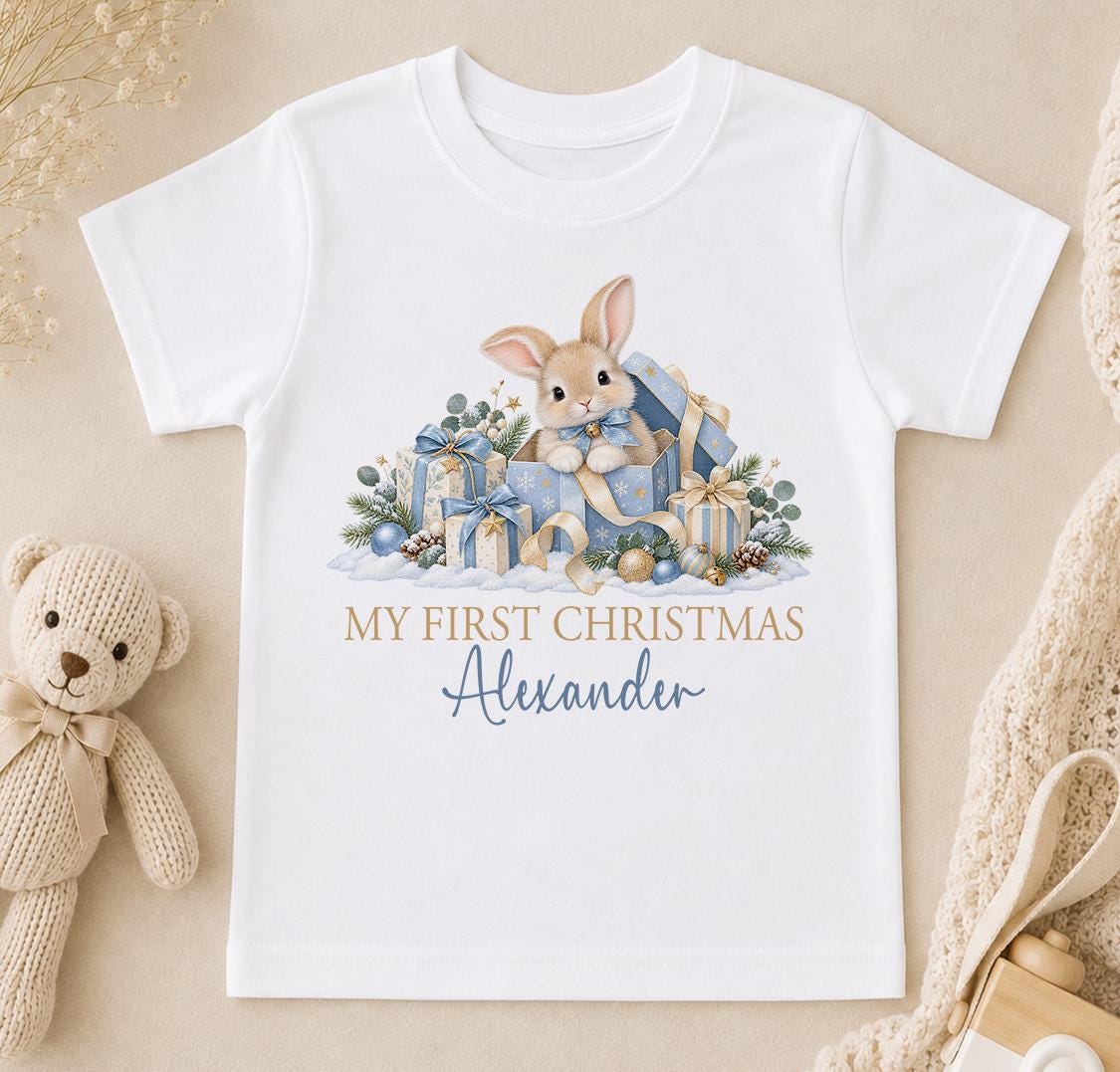 Personalised First Christmas Outfit, 2026 Blue Bunny Baby Vest