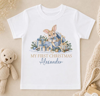 Personalised First Christmas Outfit, 2026 Blue Bunny Baby Vest