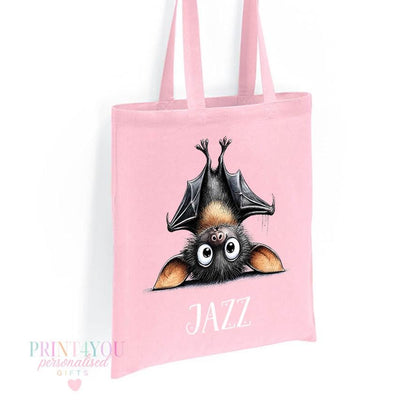 Personalised Bat Cotton Tote Bag – Custom Name Halloween Shopper in Pink