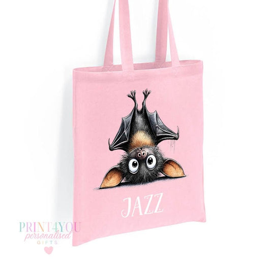 Personalised Bat Cotton Tote Bag – Custom Name Halloween Shopper in Pink