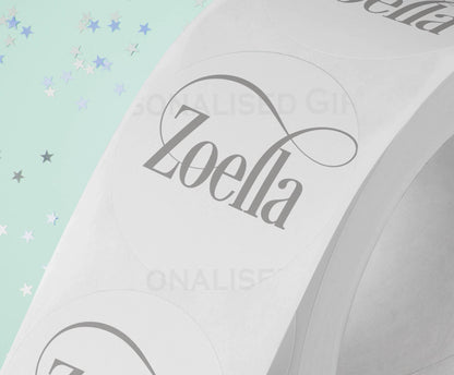 Personalised coloured festive name Christmas gift label sticker, glossy round design with custom printed name