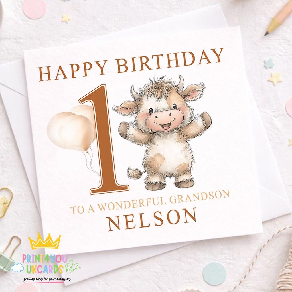 Square personalised highland cow birthday card with name and age printed on the front