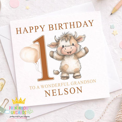 Square personalised highland cow birthday card with name and age printed on the front