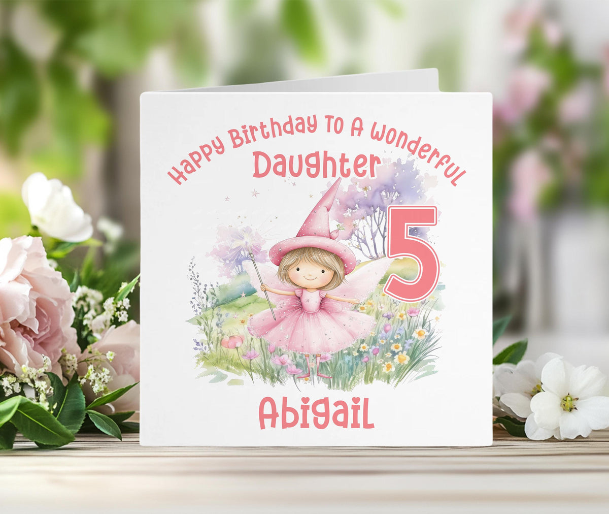 Personalised fairy first birthday card, 6x6 inch white square greeting card, front only