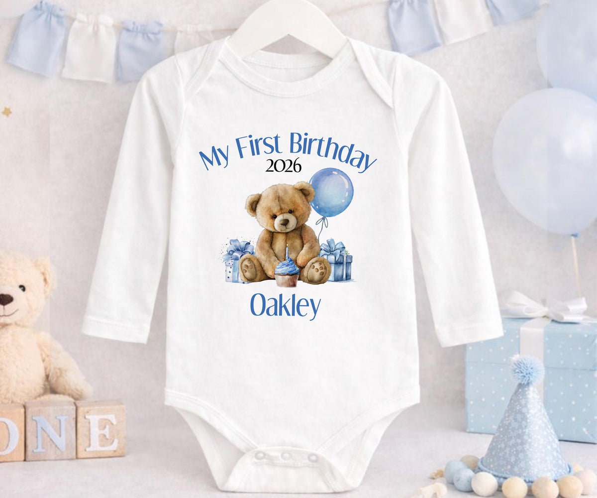 Teddy bear themed first birthday outfit personalised with a chosen name.