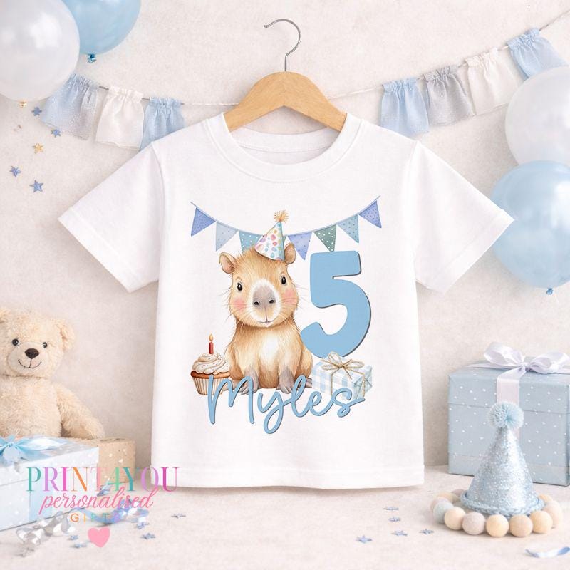 Personalised capybara birthday t-shirt with custom name and age printed on white cotton