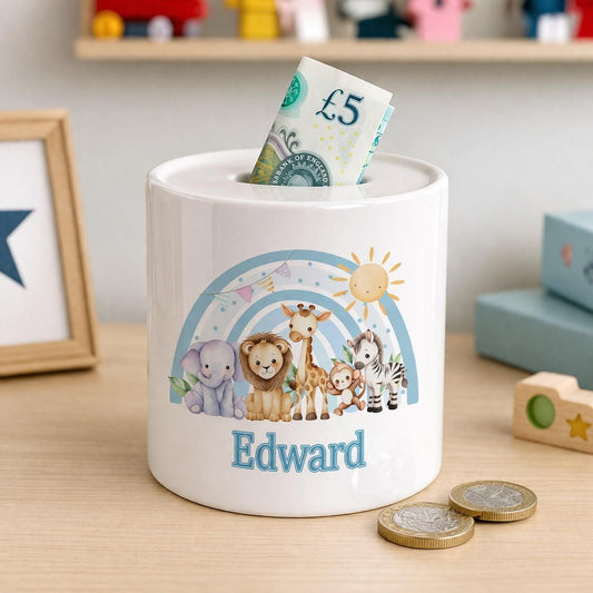 Money box printed with a personalised colourful safari animal design