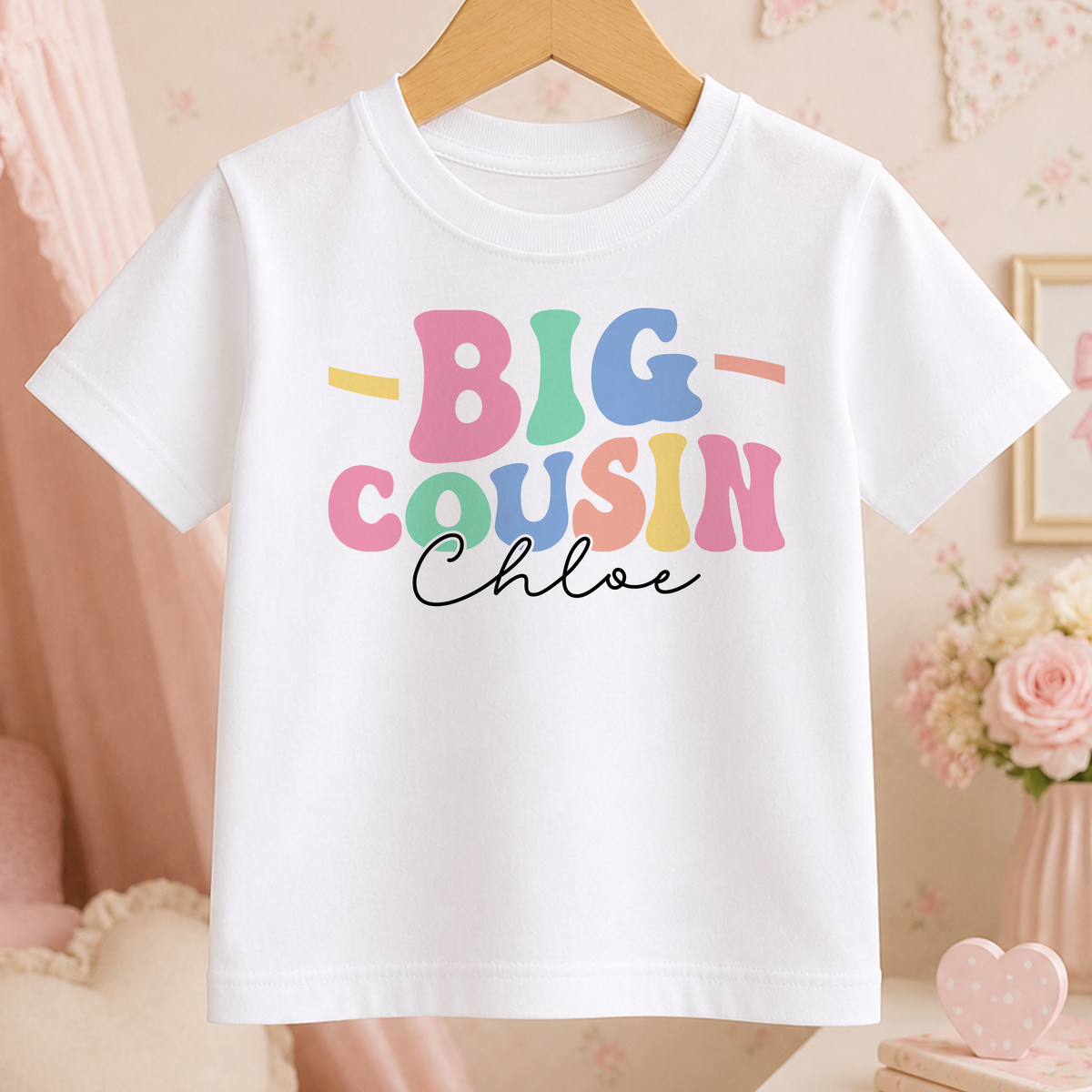 A white t-shirt with the text "BIG COUSIN Chloe" printed on it, hanging on a wooden hanger.