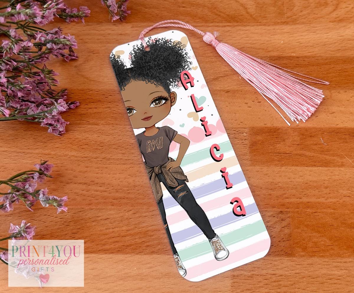 Personalised character bookmark aluminium tag with coloured tassel and custom name, kids reading gift