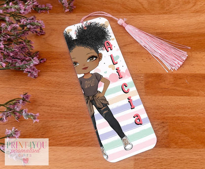 Personalised character bookmark aluminium tag with coloured tassel and custom name, kids reading gift