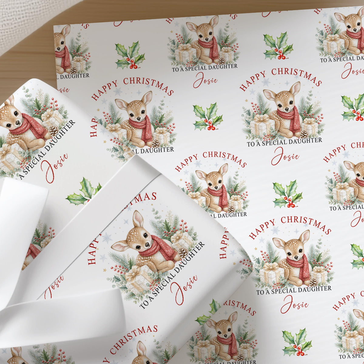 Sheets of the personalised deer Christmas wrapping paper